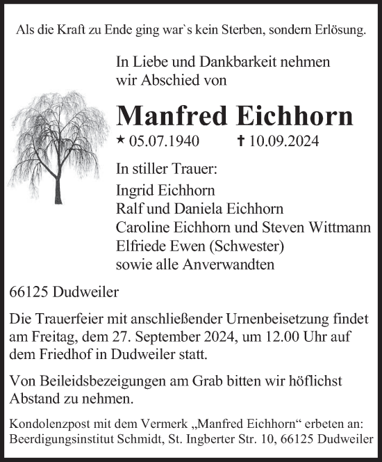 Todesanzeige von Manfred Eichhorn von saarbruecker_zeitung