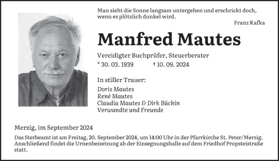 Todesanzeige von Manfred Mautes von saarbruecker_zeitung