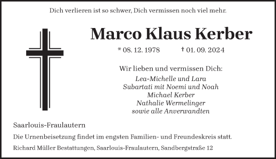 Todesanzeige von Marco Klaus Kerber von saarbruecker_zeitung