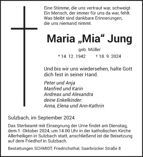 Todesanzeige von Maria Jung von saarbruecker_zeitung