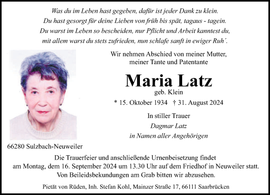 Todesanzeige von Maria Latz von saarbruecker_zeitung