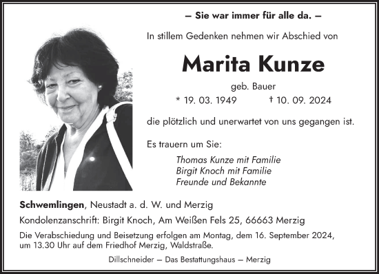 Todesanzeige von Marita Kunze von saarbruecker_zeitung