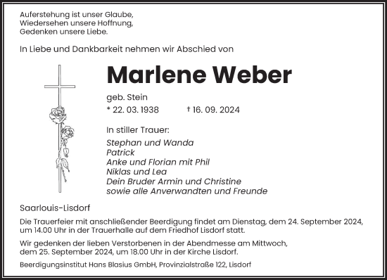 Todesanzeige von Marlene Weber von saarbruecker_zeitung