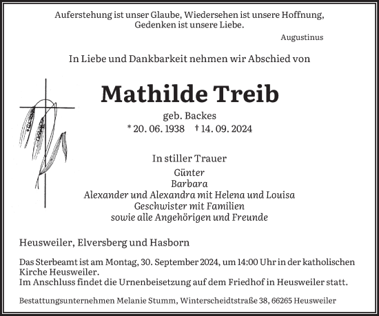 Todesanzeige von Mathilde Treib von saarbruecker_zeitung