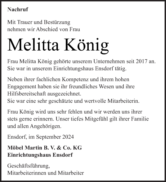 Todesanzeige von Melitta König von saarbruecker_zeitung