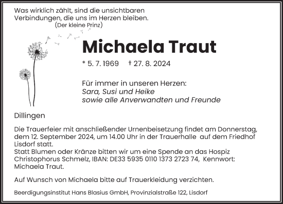 Todesanzeige von Michaela Traut von saarbruecker_zeitung