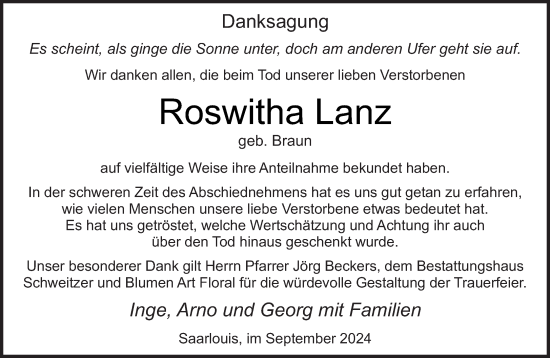 Todesanzeige von Roswitha Lanz von saarbruecker_zeitung