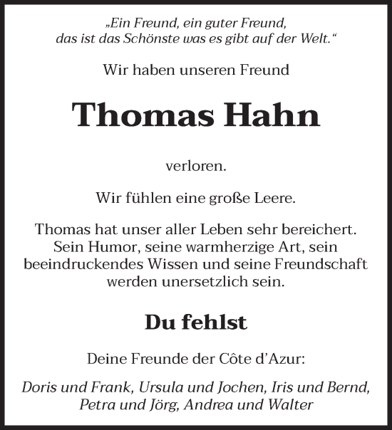 Todesanzeige von Thomas Hahn von saarbruecker_zeitung