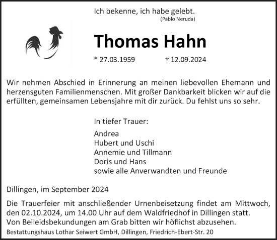 Todesanzeige von Thomas Hahn von saarbruecker_zeitung