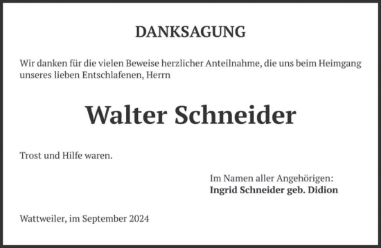 Todesanzeige von Walter Schneider von saarbruecker_zeitung