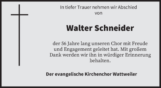 Todesanzeige von Walter Schneider von saarbruecker_zeitung