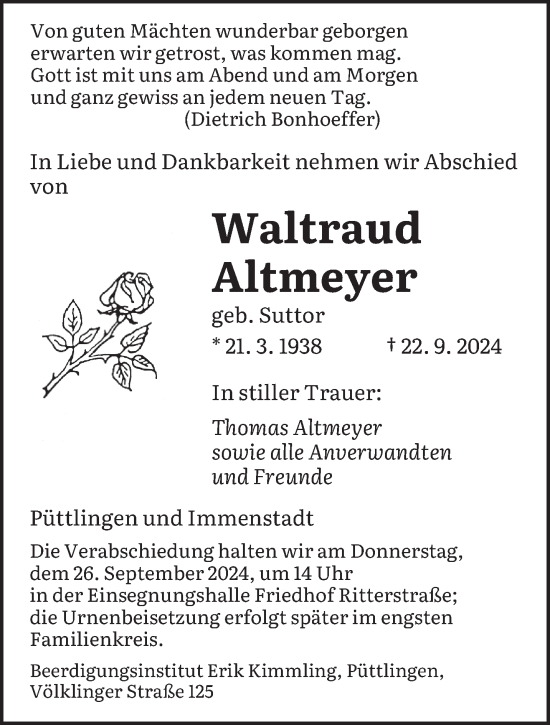 Todesanzeige von Waltraud Altmeyer von saarbruecker_zeitung