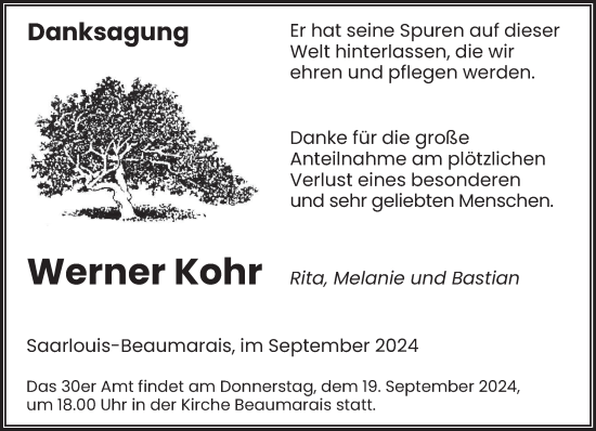 Todesanzeige von Werner Kohr von saarbruecker_zeitung