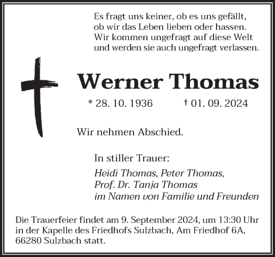 Todesanzeige von Werner Thomas von saarbruecker_zeitung