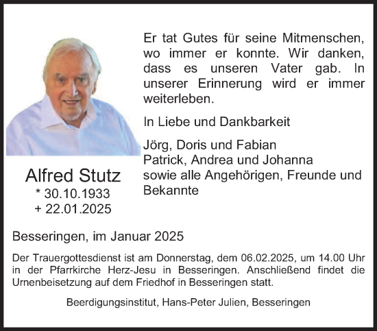 Todesanzeige von Alfred Stutz von saarbruecker_zeitung