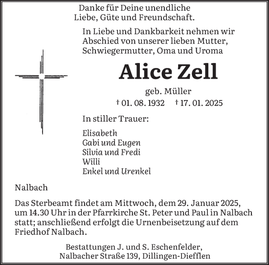 Todesanzeige von Alice Zell von saarbruecker_zeitung