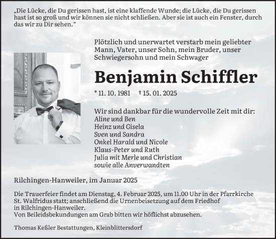 Todesanzeige von Benjamin Schiffler von saarbruecker_zeitung