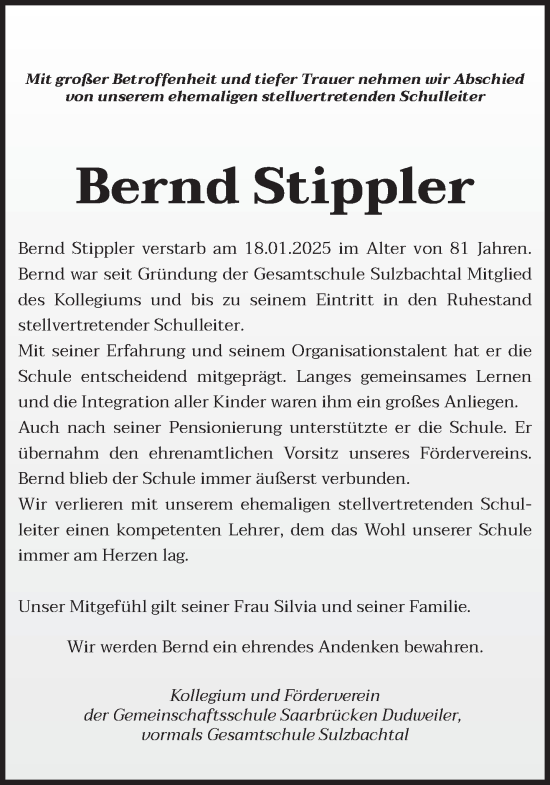 Todesanzeige von Bernd Stippler von saarbruecker_zeitung