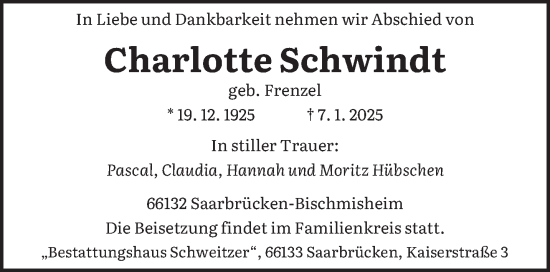 Todesanzeige von Charlotte Schwindt von saarbruecker_zeitung