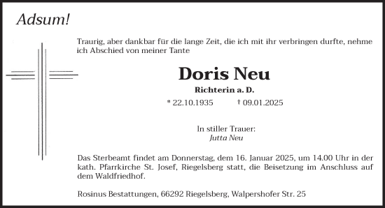 Todesanzeige von Doris Neu von saarbruecker_zeitung