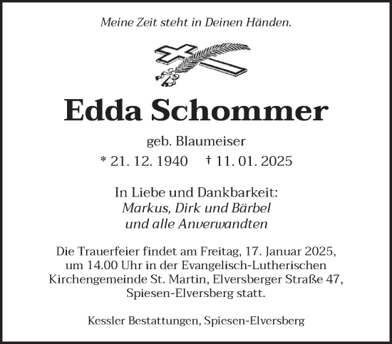 Todesanzeige von Edda Schommer von saarbruecker_zeitung