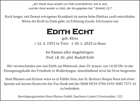 Todesanzeige von Edith Echt von saarbruecker_zeitung