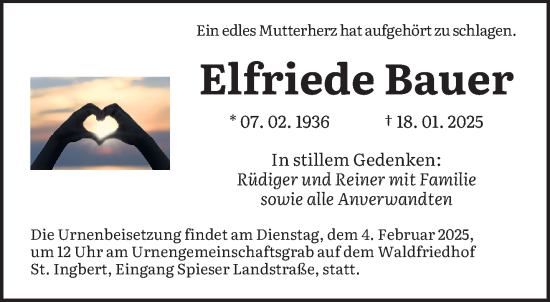 Todesanzeige von Elfriede Bauer von saarbruecker_zeitung