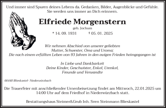 Todesanzeige von Elfriede Morgenstern von saarbruecker_zeitung