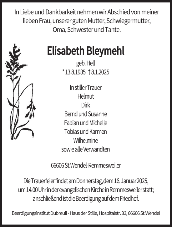 Todesanzeige von Elisabeth Bleymehl von saarbruecker_zeitung