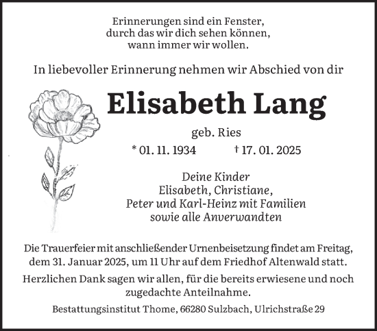 Todesanzeige von Elisabeth Lang von saarbruecker_zeitung