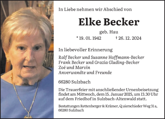 Todesanzeige von Elke Becker von saarbruecker_zeitung