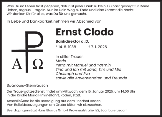 Todesanzeige von Ernst Clodo von saarbruecker_zeitung