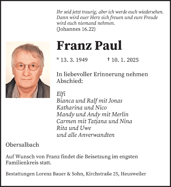 Todesanzeige von Franz Paul von saarbruecker_zeitung