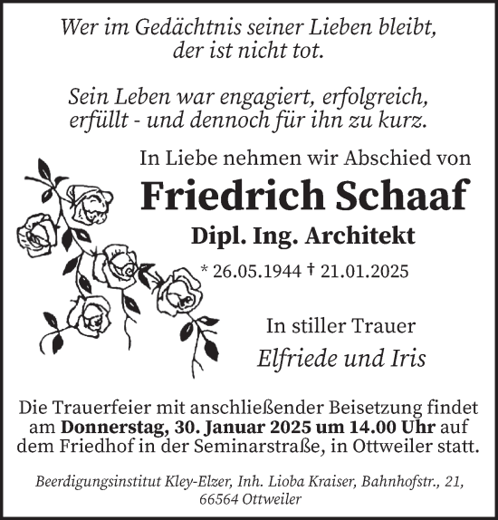 Todesanzeige von Friedrich Schaaf von saarbruecker_zeitung