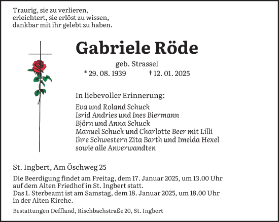 Todesanzeige von Gabriele Röde von saarbruecker_zeitung