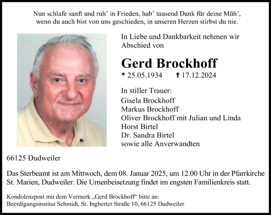 Todesanzeige von Gerd Brockhoff von saarbruecker_zeitung