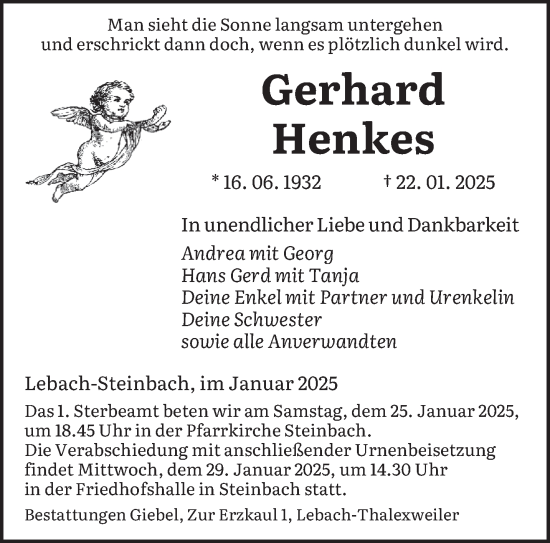 Todesanzeige von Gerhard Henkes von saarbruecker_zeitung