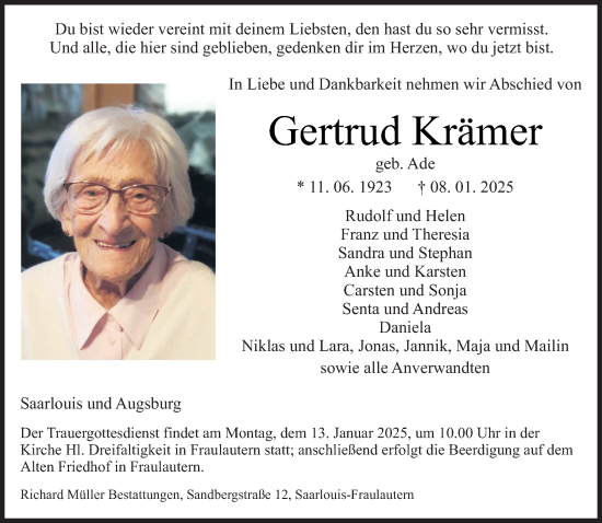 Todesanzeige von Gertrud Krämer von saarbruecker_zeitung