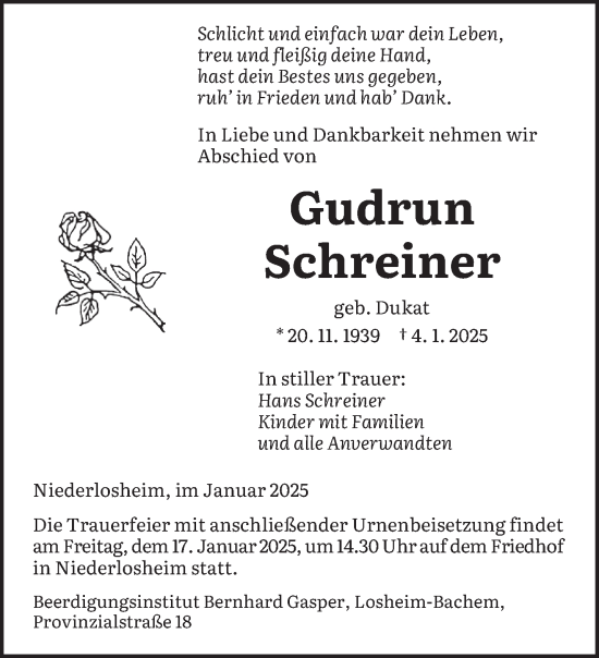 Todesanzeige von Gudrun Schreiner von saarbruecker_zeitung