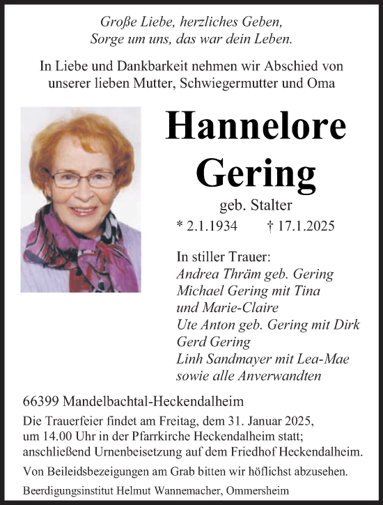 Todesanzeige von Hannelore Gering von saarbruecker_zeitung