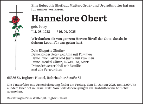 Todesanzeige von Hannelore Obert von saarbruecker_zeitung