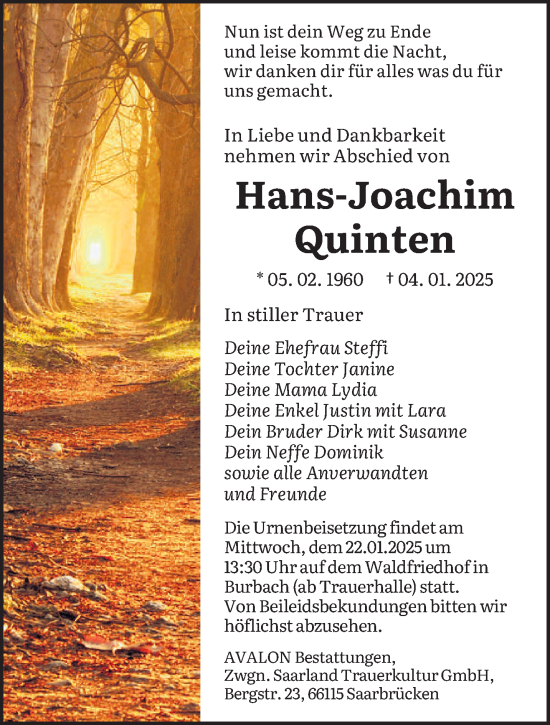 Todesanzeige von Hans-Joachim Quinten von saarbruecker_zeitung