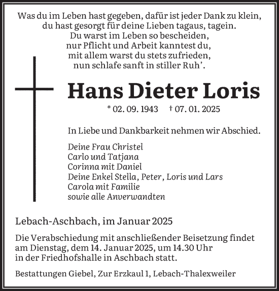 Todesanzeige von Hans Dieter Loris von saarbruecker_zeitung