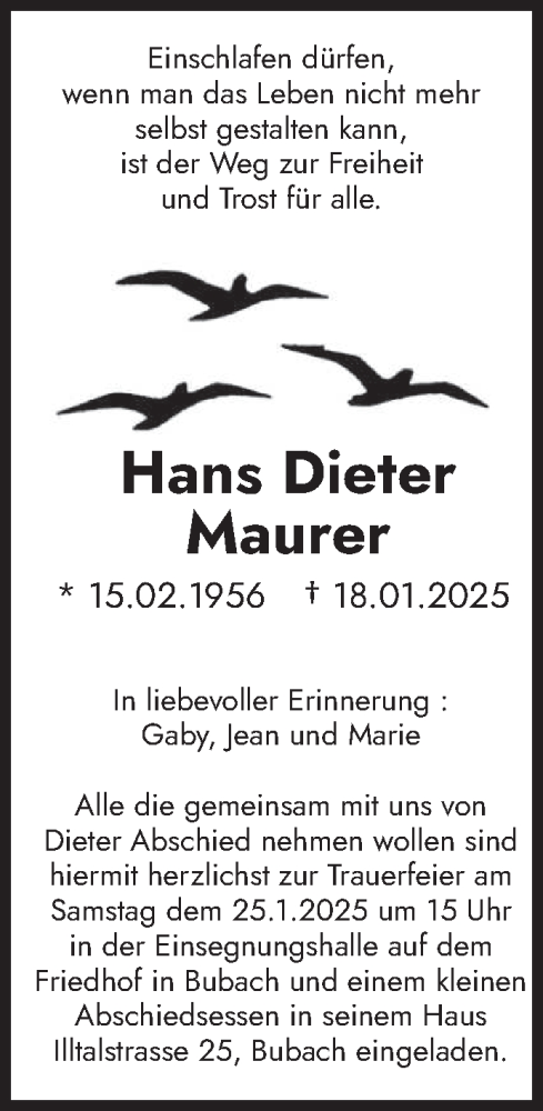 Todesanzeige von Hans Dieter Maurer von saarbruecker_zeitung