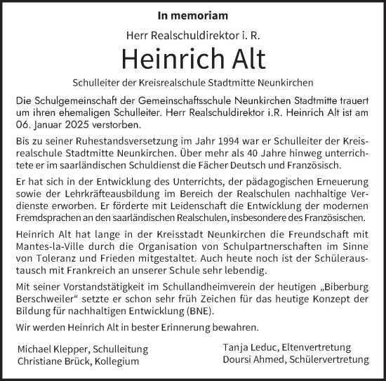 Todesanzeige von Heinrich Alt von saarbruecker_zeitung