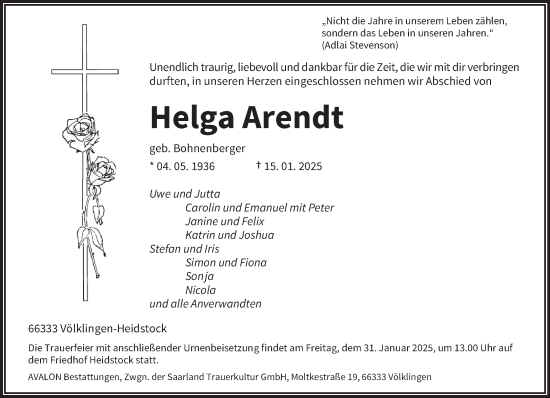 Todesanzeige von Helga Arendt von saarbruecker_zeitung