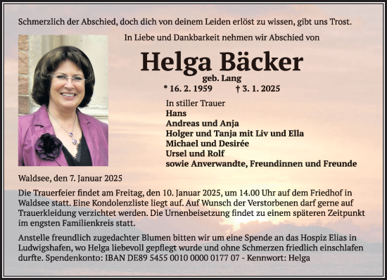 Todesanzeige von Helga Bäcker von saarbruecker_zeitung