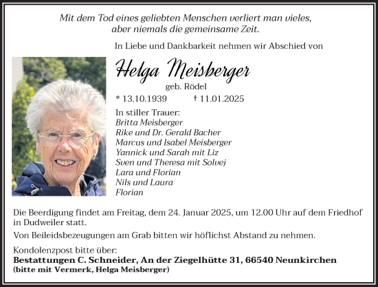 Todesanzeige von Helga Meisberger von saarbruecker_zeitung