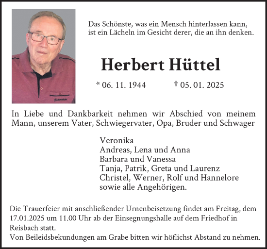 Todesanzeige von Herbert Hüttel von saarbruecker_zeitung