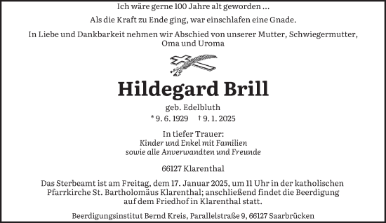 Todesanzeige von Hildegard Brill von saarbruecker_zeitung